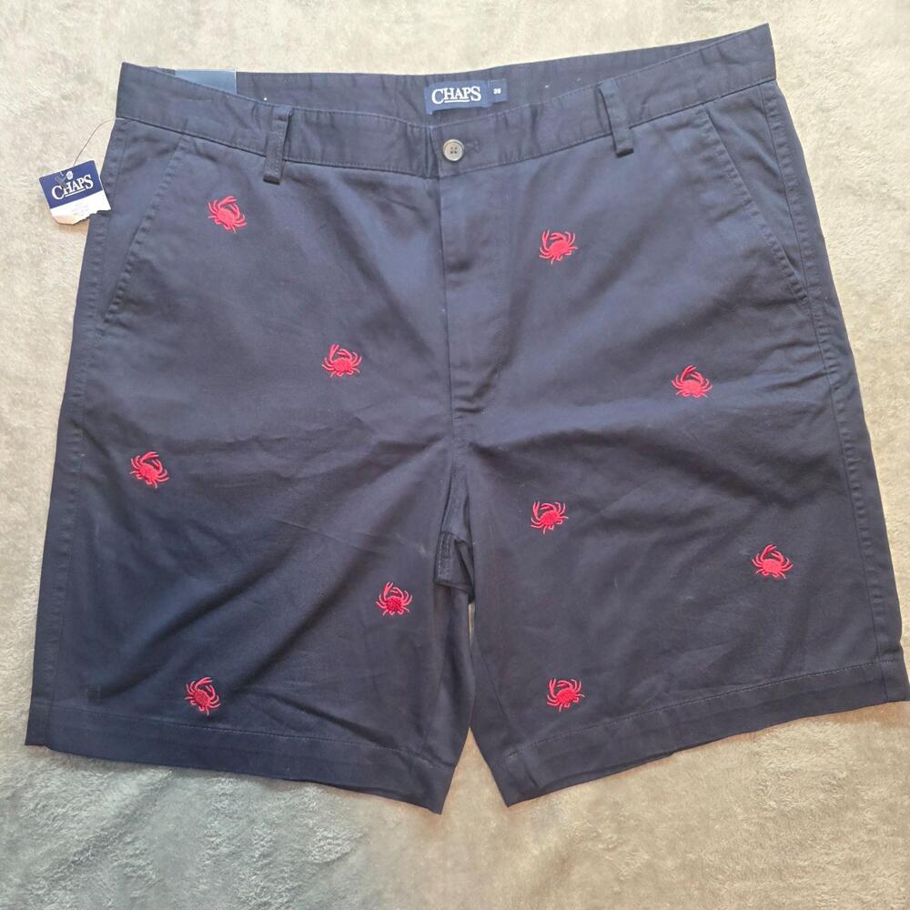 Chaps Chino Shorts Mens 38 Navy Crab Embroidered Cotton Beach Summer Casual